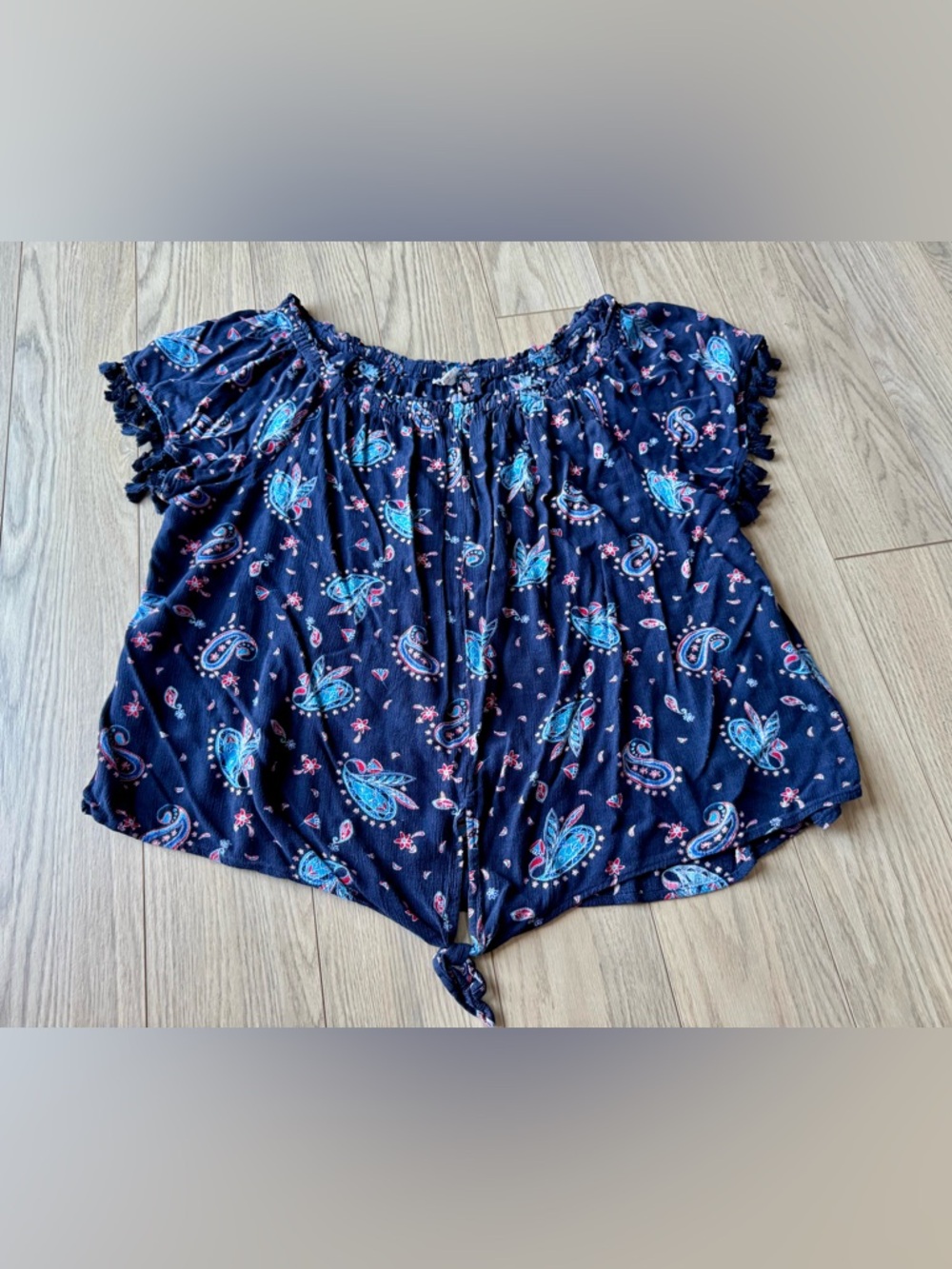 Westport Navy Paisley Tie-Front Peasant Top